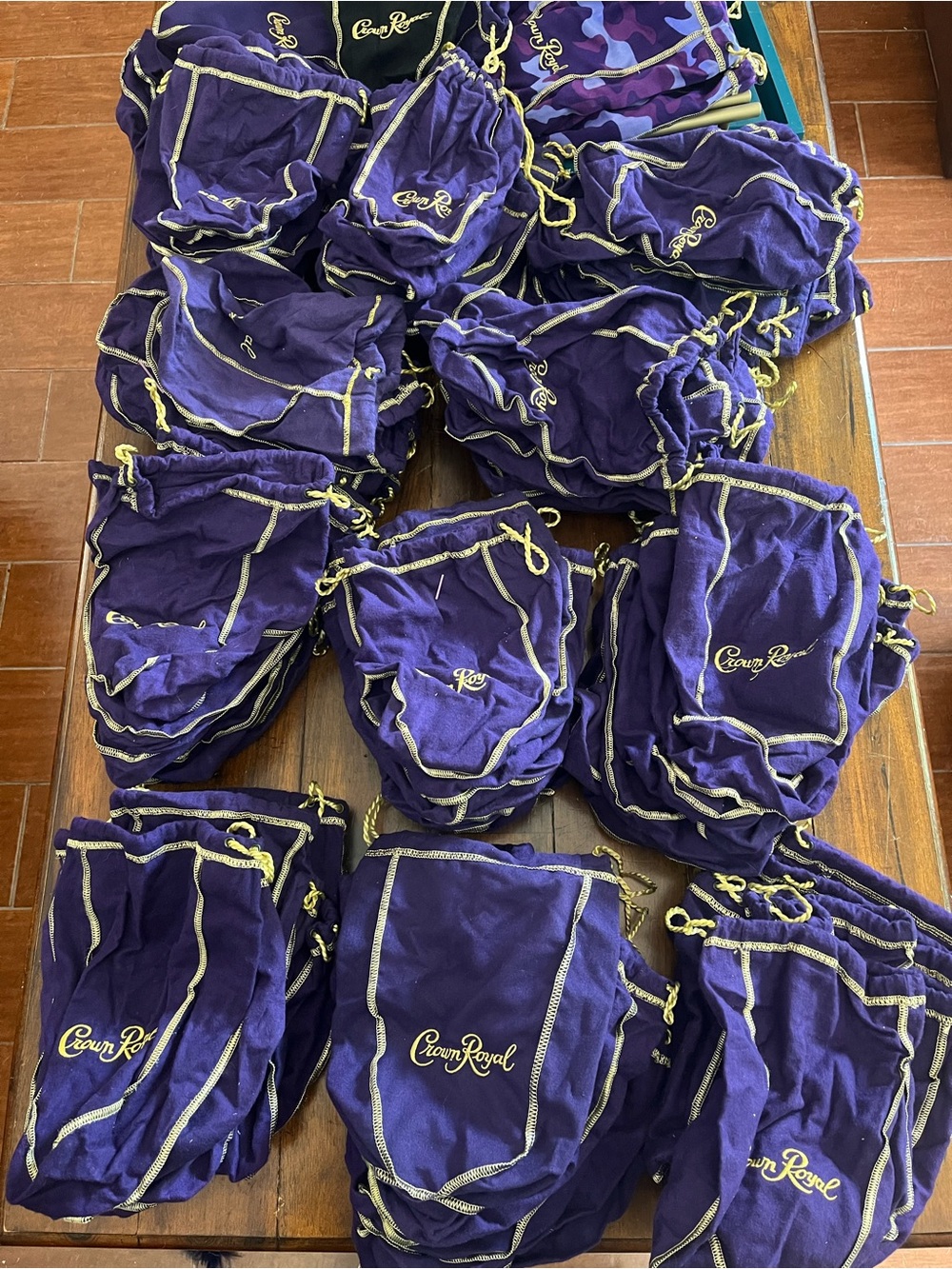 110 classic crown royal bags 1 Texans 4 large purple 1 black 10 purple camo